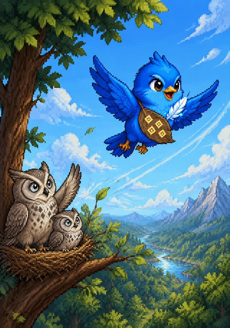 With a final, cheerful chirp of goodbye to his family, Finn spreads his wings and takes off into the vast, open sky. The wind whistles through his feathers as he leaves the familiar trees of his childhood home behind for the first time.