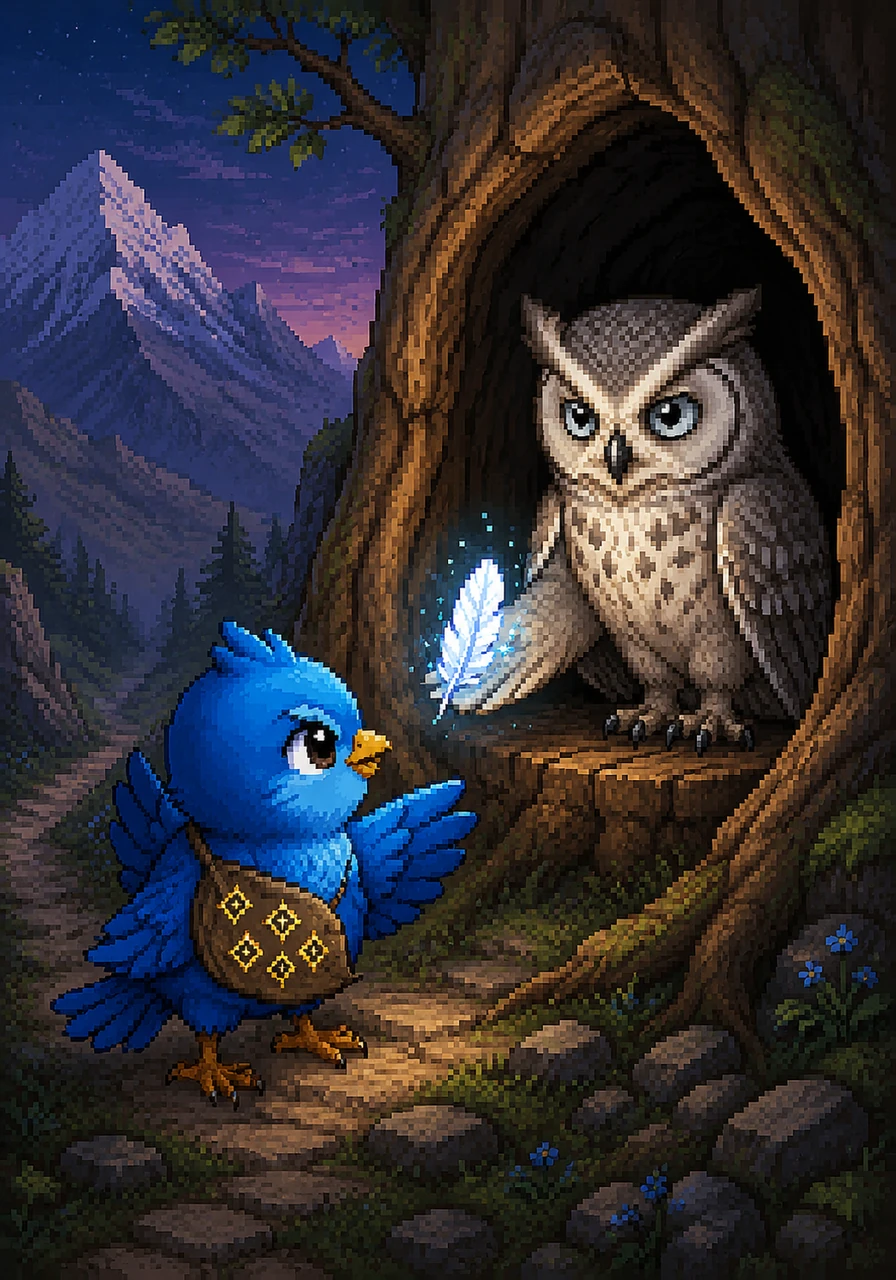 On the slopes of the second mountain, Finn meets a silver-eyed owl resting in a hollow tree. The wise owl recognizes the spark of determination in Finn’s eyes and gifts him a single, glowing feather to guide his way through the coming darkness.