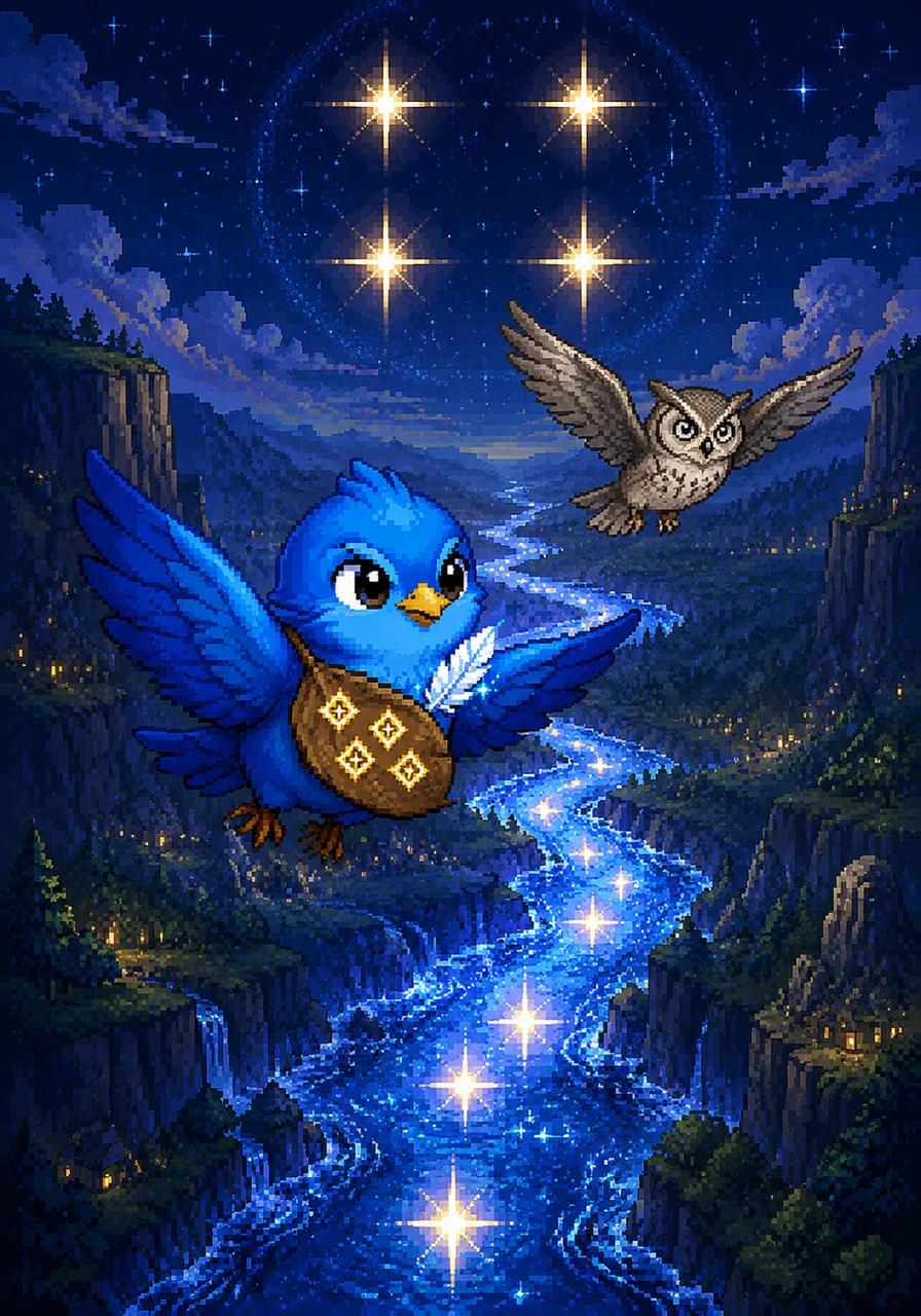 He flies over a deep valley where a river flows with liquid starlight, reflecting the four bright stars that watch over the land. The sheer beauty of the scene fills Finn with a renewed sense of peace and a deeper understanding of his purpose.