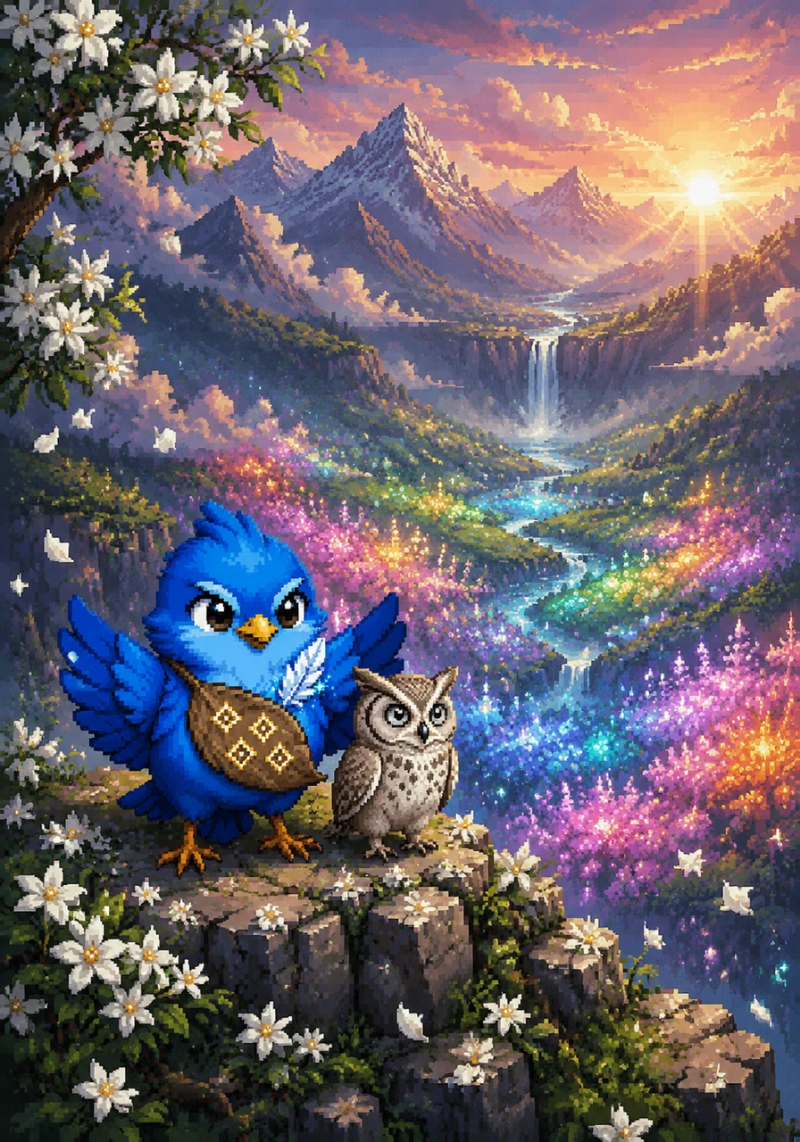 Finally, Finn reaches the summit of the fourth mountain, where the air smells of jasmine and ancient magic. Below him lies a hidden, lush valley filled with flowers that glow in every color of the rainbow, hidden from the rest of the world.