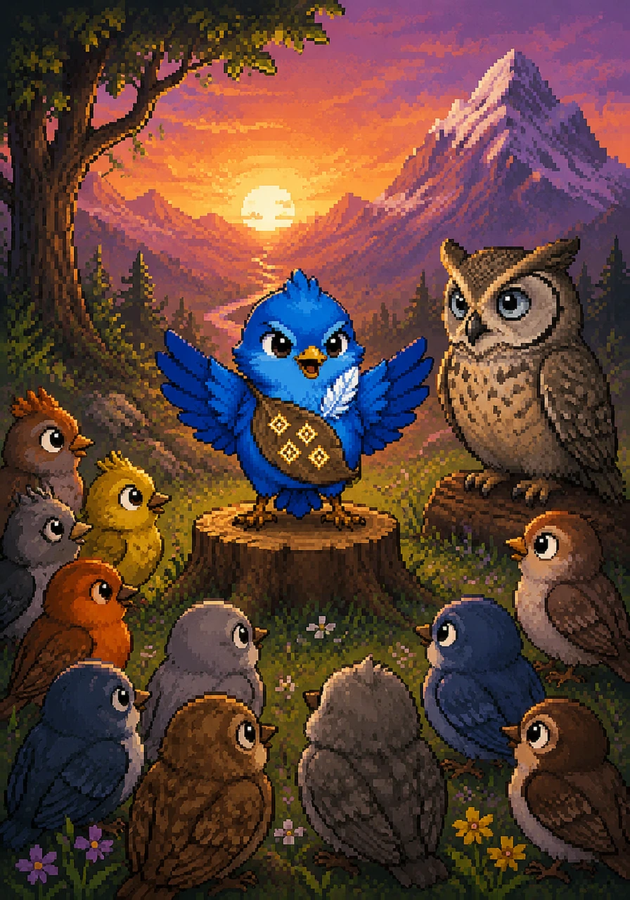 Finn returns to the meadow just as the sun sets, sharing his incredible stories with a crowd of wide-eyed birds. He is no longer just a small sparrow, but a legendary explorer who proved that even the smallest wings can reach the highest peaks.