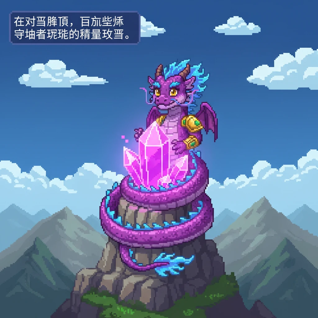 在水晶峰顶，巨大的紫色魔法龙紫焰傲然盘踞。它紫色的鳞片在阳光下闪烁着魔法光辉，守护着峰顶那颗璀璨的能量水晶。周围是简单的像素化山峦，天空是深蓝色的，几朵白色像素云点缀其间。