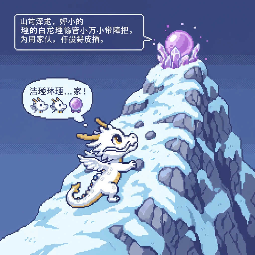 山谷深处，一只娇小的白龙雪牙正悄悄向上攀爬。它的白色身躯与雪地融为一体，眼中闪烁着坚定的光芒。它渴望着峰顶那颗传说中的治愈水晶，为了它的家人，它必须冒险。