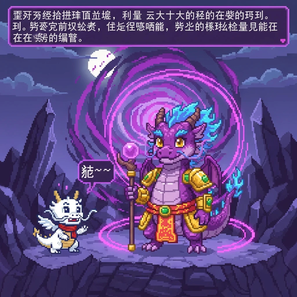 雪牙终于抵达峰顶边缘，看到了巨大的紫焰和它身后的水晶。紫焰察觉到入侵者，发出低沉的吼声，紫色的魔法能量开始在它周围凝聚。画面中，紫焰巨大的剪影占据了大部分空间，雪牙显得格外渺小。