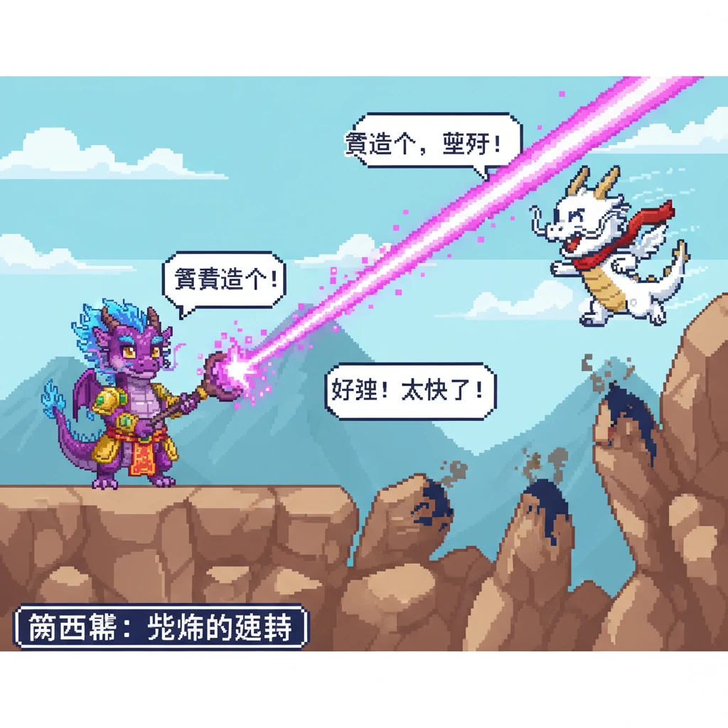 紫焰喷射出一道炽热的紫色魔法光束，直奔雪牙。光束在像素化的空气中划出醒目的轨迹，周围的岩石被灼烧出焦黑的像素点。雪牙敏捷地躲开，身形如闪电般在岩石间穿梭。