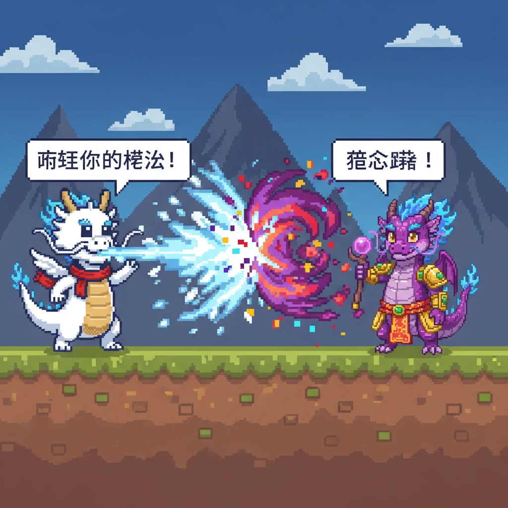 雪牙发出清冷的冰霜吐息，试图冻结紫焰的魔法。白色的冰晶在空中与紫色的火焰碰撞，爆裂出五彩斑斓的像素火花。画面呈现出两种截然不同的能量在画面中央激烈交锋的景象。