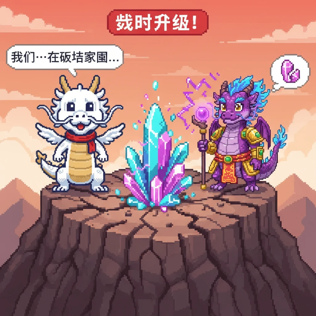 战斗升级，山顶的岩石在它们的冲击下崩裂，能量水晶也开始发出不稳定的闪烁。紫焰和雪牙都喘着粗气，意识到这场无休止的争斗正在破坏它们共同的家园。地面的裂缝和摇晃的水晶是构图的焦点。