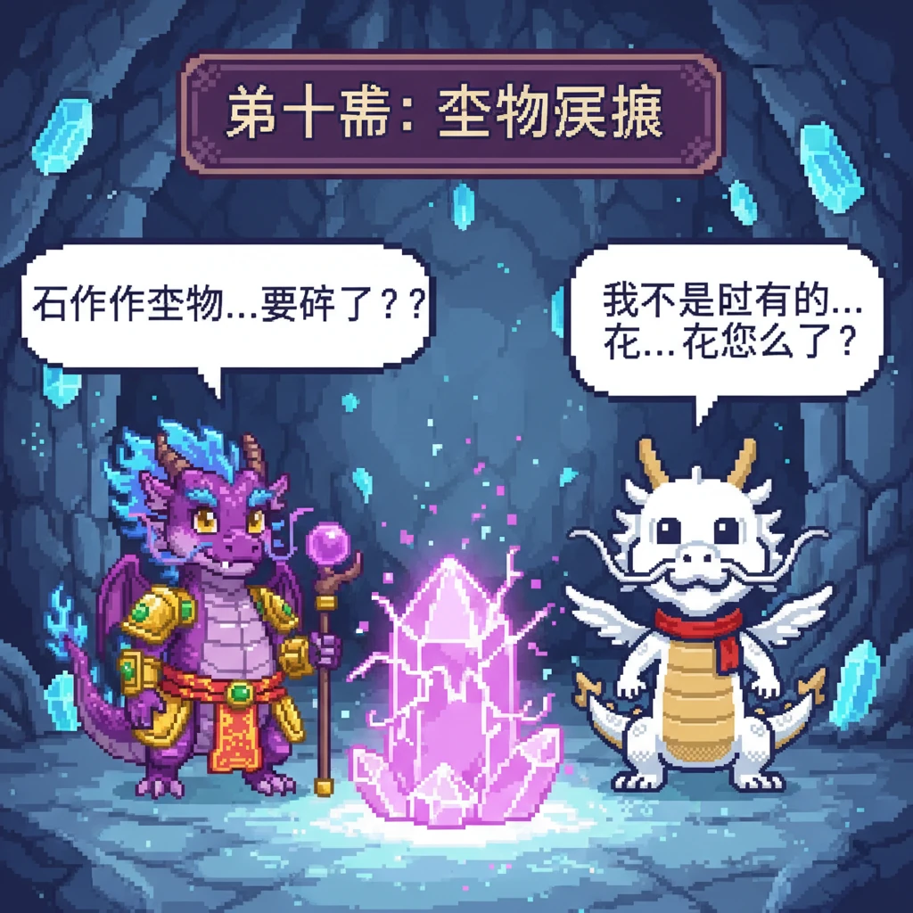 紫焰突然停下攻击，它看到水晶的裂缝在扩大，那是它守护了千年的圣物。雪牙也停止了冰息，眼中充满了担忧，它并非想破坏，只是想寻求帮助。画面中，两龙相隔一段距离，都凝视着不稳定的水晶。