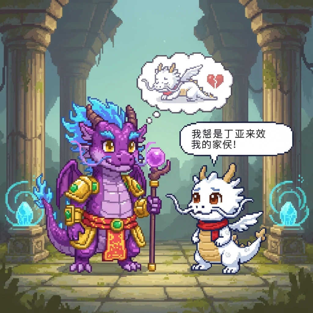 雪牙鼓起勇气，向紫焰解释了它来此寻找水晶是为了拯救生病的亲人。紫焰从雪牙真诚的眼神中看到了绝望，它庞大的身躯似乎也变得柔和了一些。画面聚焦在两龙的眼神交流上。