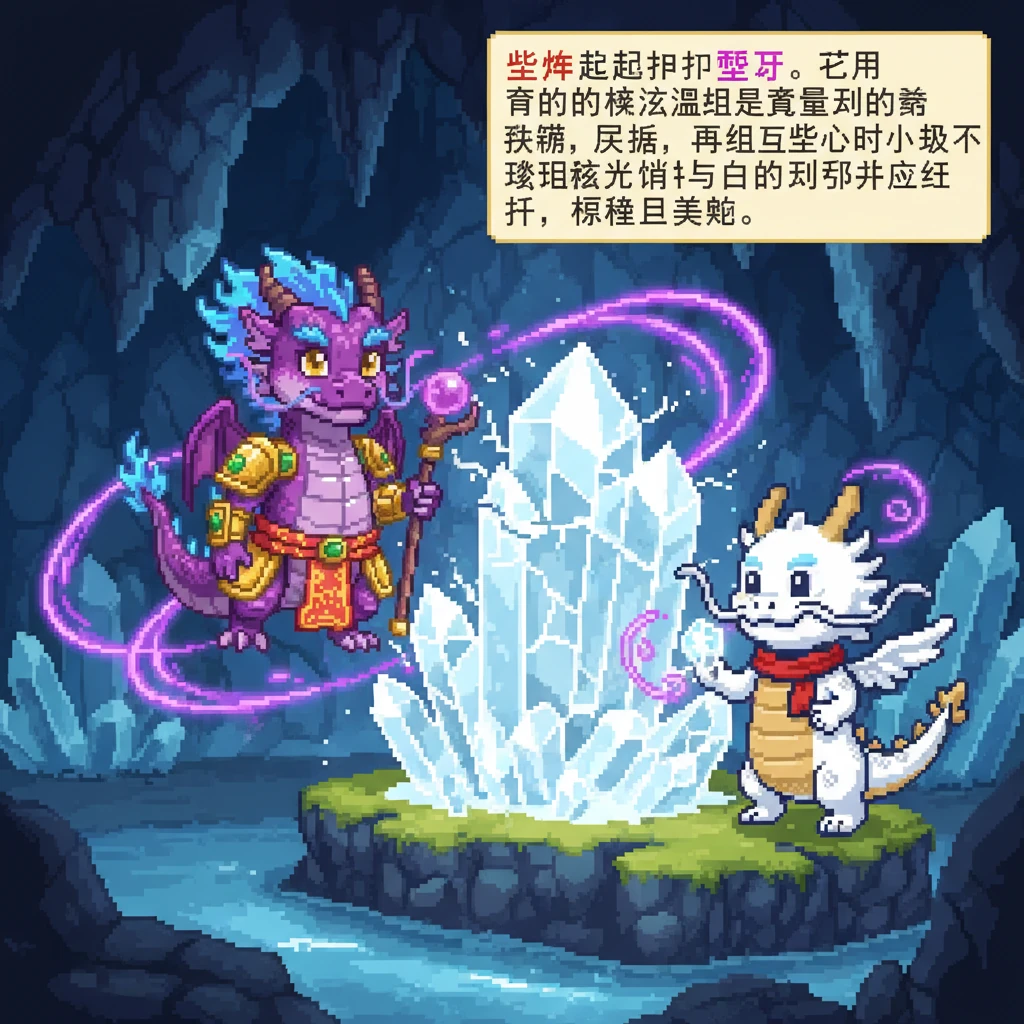 紫焰决定帮助雪牙。它用自己的魔法稳住了能量水晶的裂缝，并引导雪牙小心地取下一小块发光的碎片。紫色的魔法光芒与白色的水晶碎片交织在一起，和谐而美丽。
