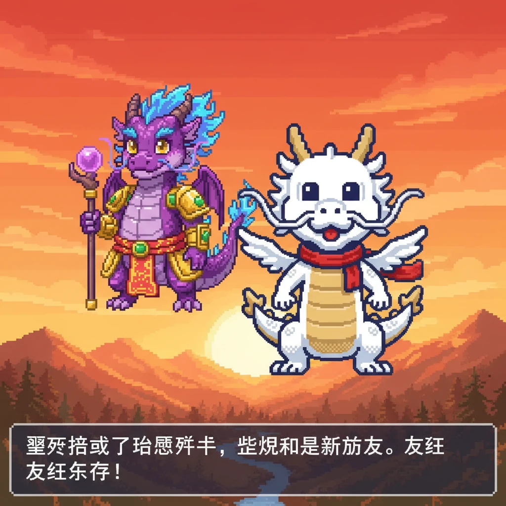 两条龙并肩飞翔在夕阳下的天空中，紫焰带着雪牙回到山谷。雪牙成功地带回了治愈碎片，而紫焰也找到了一个新朋友。它们的身影在橙红色的像素天空中留下友谊的剪影。