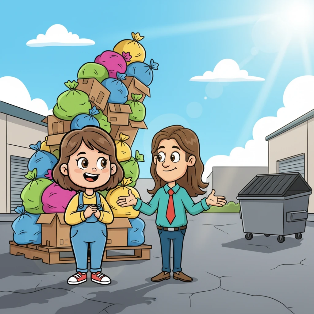 Kelly, with short brown hair, and Dan, with long brown hair, stand before a towering pallet piled high with colorful, cartoonish garbage bags and boxes. They exchange a mischievous glance, a subtle twinkle in Dan's eye as he gestures towards the huge industrial bin in the distance. The sun shines brightly on the bustling warehouse exterior, hinting at a big idea forming.