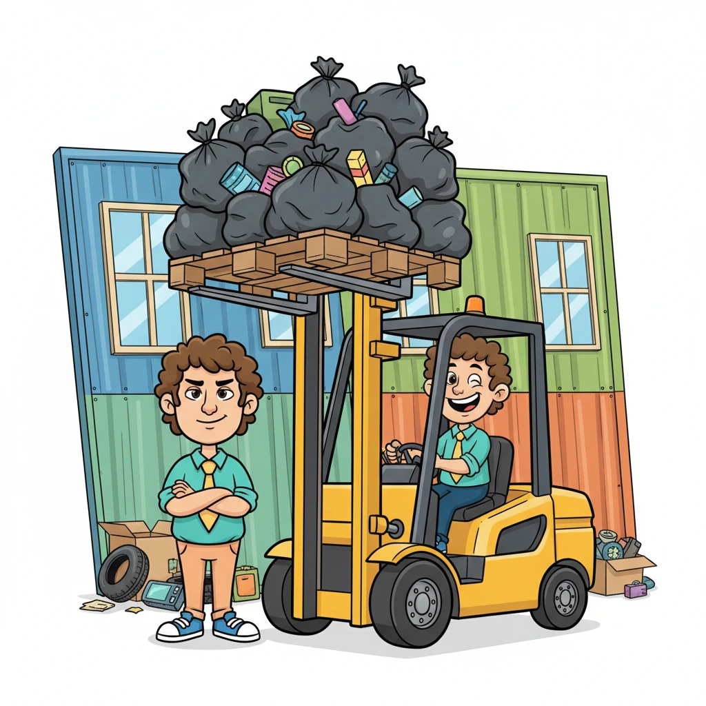 Dan, with an exaggerated grin, skillfully operates a bright yellow forklift, its powerful prongs carefully lifting the heavy pallet of garbage. Kelly stands nearby, arms crossed, a confident smirk on his face as he watches the pallet ascend, ready for their clever shortcut. The background shows a whimsical, slightly tilted warehouse wall.