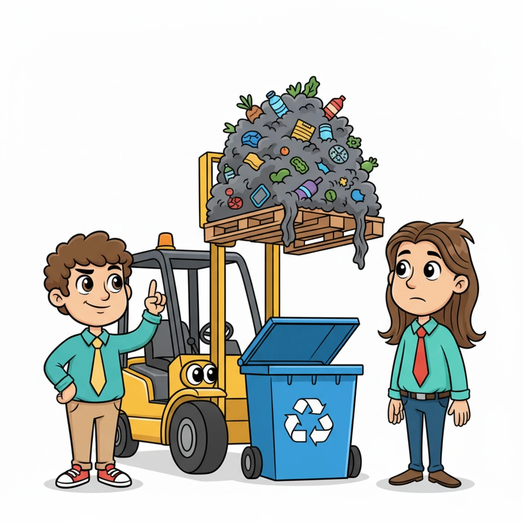 The forklift holds the pallet suspended over the massive bin, but the garbage stubbornly clings to the pallet. Kelly, with a determined expression, points a finger upwards, suggesting his daring plan to push it off. Dan looks a bit unsure, his long hair slightly askew, as they both ponder the uncooperative trash.