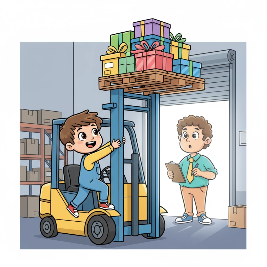 Kelly, agile and determined, begins to climb the sturdy frame of the forklift, his hands gripping the metal. Just as he starts to ascend towards the pallet, their boss, Dave, a stout figure with a clipboard, emerges from the warehouse door, his silhouette framed against the bright light. His expression is one of mild surprise.