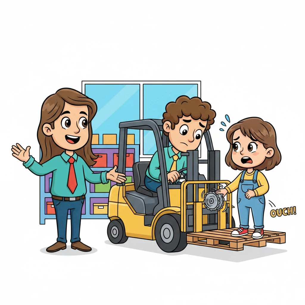 Dave, with a casual wave, instructs Dan to lower the pallet. Dan, focused on the controls, begins to descend the forks. Kelly's hand, unfortunately, is in the path of the whirring chain mechanism, causing a quick, sharp jolt of pain to cross Kelly's face as his eyes widen in shock, while Dan remains unaware, looking at Dave.