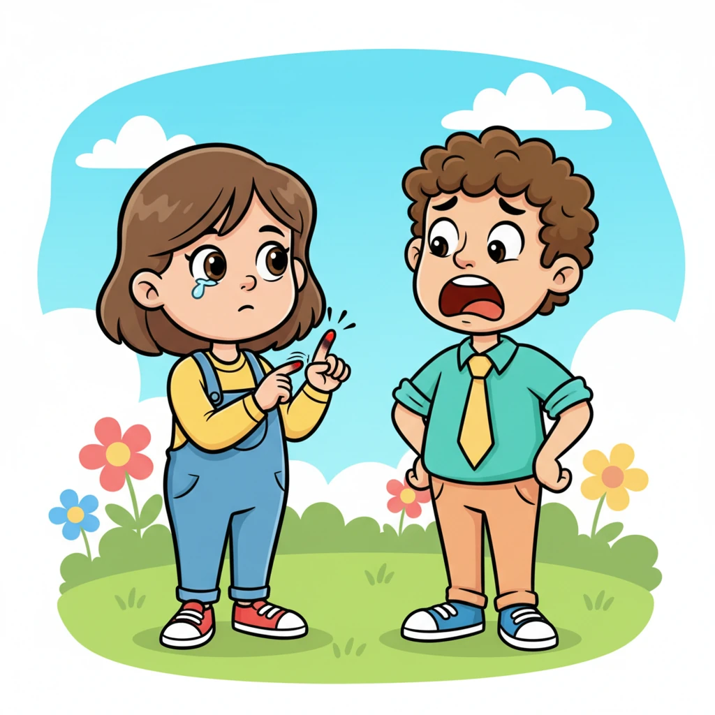 Kelly quickly pulls his hand away, clutching his injured right index finger. His face is pale but surprisingly calm, a single tear welling in his eye. Dan's face, however, is a mask of horror and disbelief, his jaw dropped wide open as he sees the extent of the injury, depicted in a simplified, impactful cartoon style.