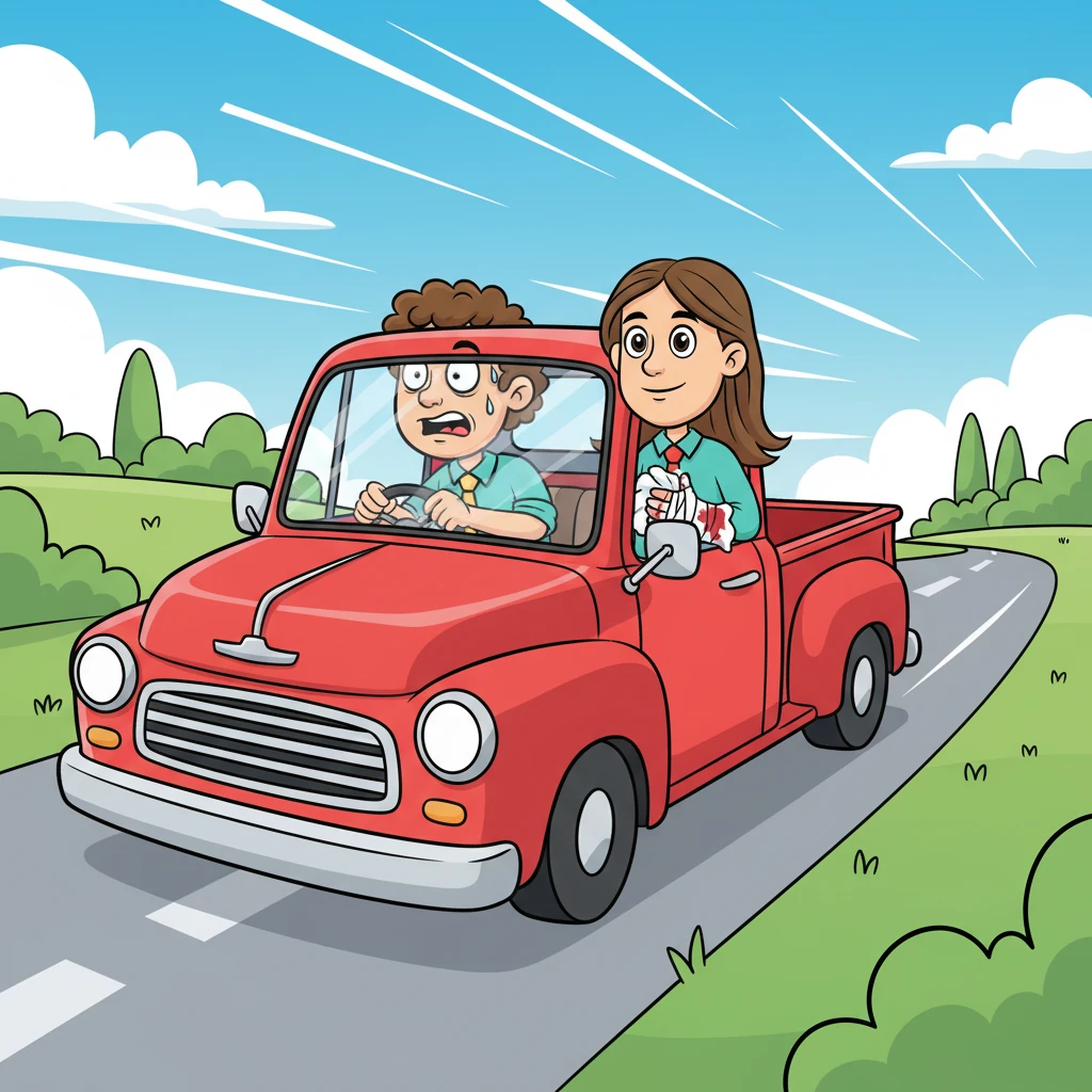 Dan, frantic and wide-eyed, speeds his bright red truck down a cartoonishly winding road, sweat beading on his brow. Kelly sits beside him, remarkably composed, his injured hand wrapped in a thick ball of paper towel that is already beginning to turn a vibrant red hue. The speed lines behind the truck emphasize Dan's urgency.