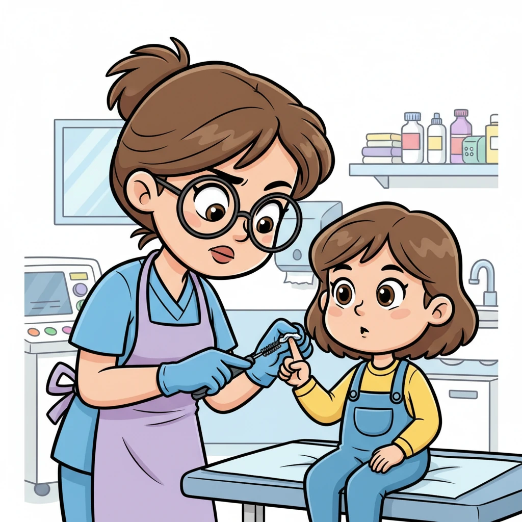 Inside the brightly lit emergency room, a kind-faced doctor with exaggerated spectacles carefully cleans Kelly's finger with a small wire brush, her expression focused and professional. Kelly, still remarkably stoic, watches intently, his other hand resting calmly on his lap. The scene is clean and reassuring, despite the procedure.