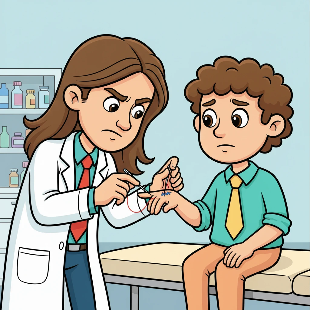 The doctor, now with a tiny needle and thread, meticulously stitches Kelly's finger, her brow furrowed in concentration. Kelly looks on, a mix of mild discomfort and quiet resolve on his face. The stitches are depicted as neat, cartoon squiggles closing the wound, emphasizing the detailed medical care.
