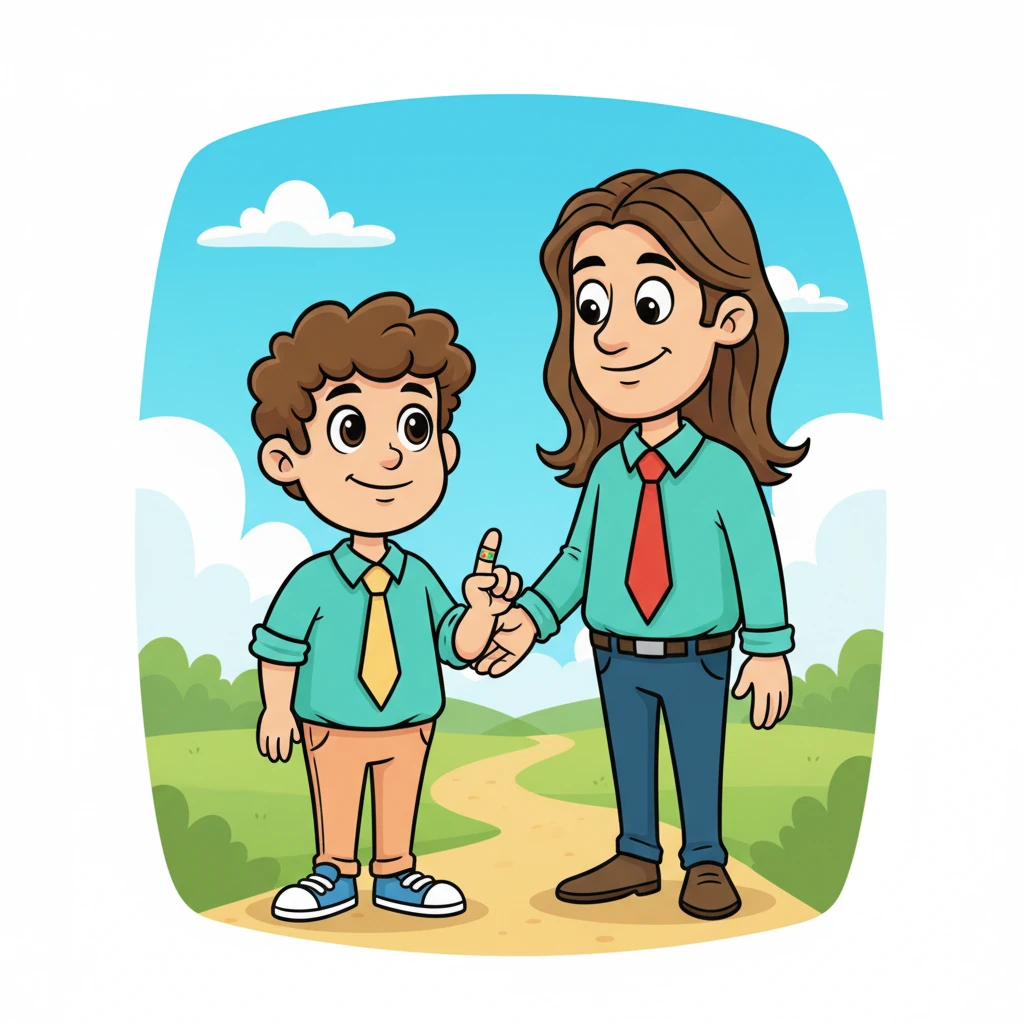 Six months later, Kelly, now sporting a cheerful, colorful bandage on his finger, stands confidently beside Dan. His hand is slightly shorter, signaling the change, but his smile is bright and resilient. He and Dan share a look of quiet understanding and enduring friendship, having navigated a difficult journey together. The background shows a new, brighter day.