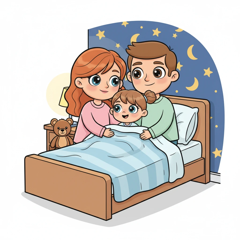 Eleah ligger i sengen sin, men øynene er vidåpne og fulle av forventning. Mamma Sanne og Pappa Gabriel gir henne en godnattklem, og putter dynen godt rundt henne. Rommet hennes er koselig med stjerneklare tapeter og en vennlig teddybjørn ved siden av, som om det venter på noe spesielt.