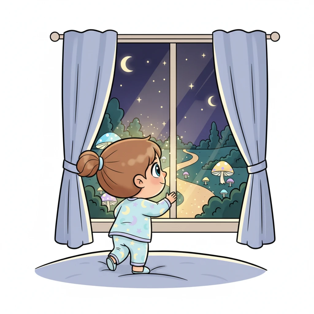 Plutselig lyser et mykt, glitrende lys opp fra vinduet. Eleah spretter opp og kikker nysgjerrig ut med store øyne. Utenfor ser hun en sti av lysende sopp som snor seg gjennom hagen, som om stjernene har falt ned og laget en vei bare for henne.