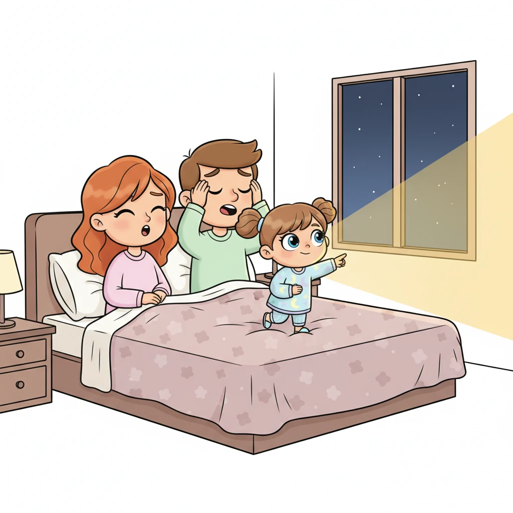 Eleah vekker forsiktig Mamma Sanne og Pappa Gabriel, som gjesper søvnig. Med store, forventningsfulle øyne peker hun mot det magiske lyset. Foreldrene blir snart like forbløffet over synet, og et lurt smil sprer seg på ansiktene deres mens de bestemmer seg for å utforske det mystiske fenomenet sammen.