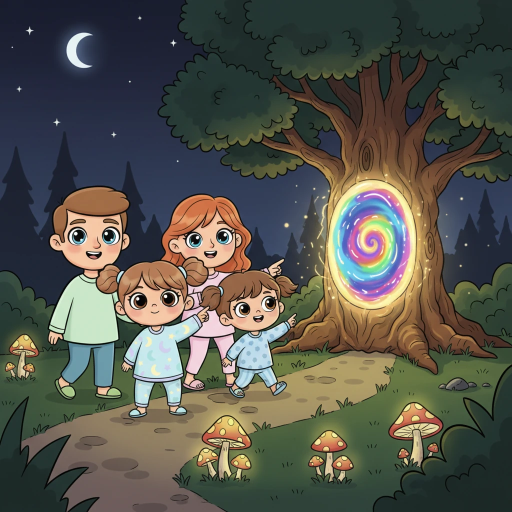 Familien går ut i den mørke hagen, ledet av de lysende soppene som blinker inviterende. Stien fører dem til et gammelt eiketre som nå gløder med et mildt, varmt lys. Midt i trestammen ser de en virvlende portal, fylt med et spekter av strålende farger som lokker dem inn med en myk susende lyd.