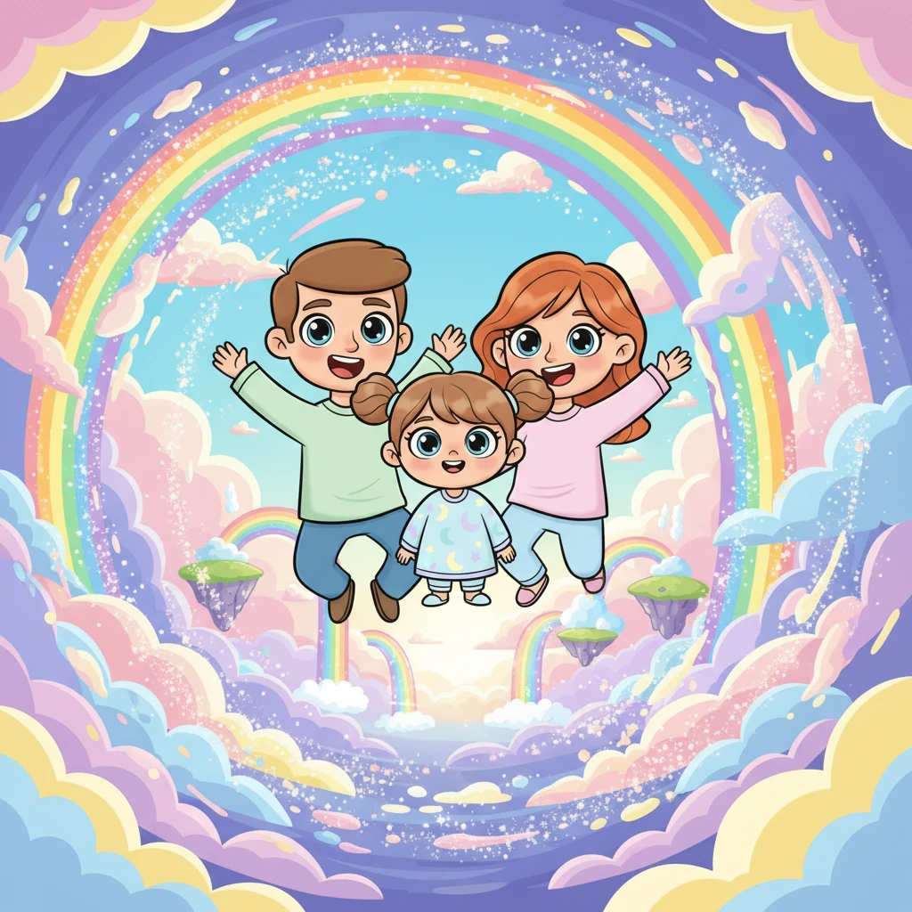 Med et spennende hopp går Eleah, Mamma Sanne og Pappa Gabriel inn i portalen. De svever gjennom en tunnel av glitrende stjernestøv og fargerike skyer, latteren deres runger i den magiske luften. Snart lander de forsiktig i et fantastisk drømmeland, fylt med svevende øyer og regnbuefosser.