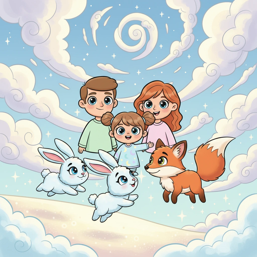 I drømmelandet møter de en flokk lekne sky-kaniner med glitrende øyne og en vennlig, flyvende rev med myk pels. Dyrene hilser dem med nysgjerrige snuser og glade hopp. Eleah ler høyt når en av kaninene dytter snuten sin mot hånden hennes, og inviterer til lek.