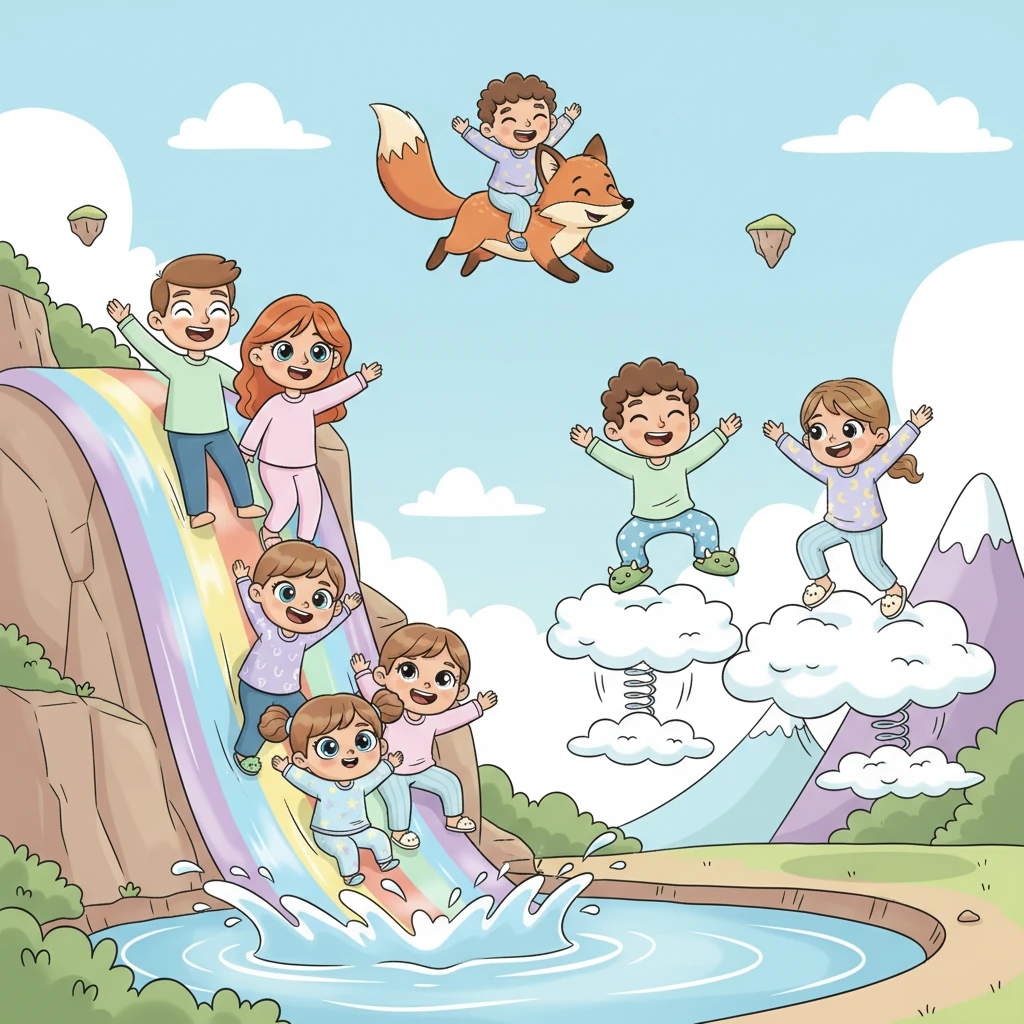 Familien og de nye vennene deres leker sammen med stor glede. De sklir nedover regnbuefosser, hopper på myke skyer som spretter som trampoliner, og flyr høyt på ryggen til den vennlige reven. Pappa Gabriel og Mamma Sanne ler like mye som Eleah, og glemmer tid og sted i den magiske leken.