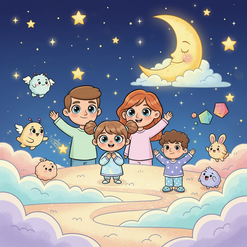 Plutselig begynner stjernene i drømmelandet å blinke, og en stor, søvnig måne dukker opp på himmelen, et tegn på at eventyret snart er over. Familien tar farvel med de lekne skapningene, og lover å komme tilbake en annen natt for mer moro og magi.