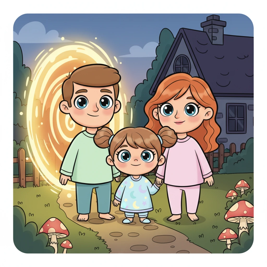 De går tilbake gjennom den virvlende portalen, som nå gløder litt svakere, men fortsatt varmt. Hjemme i hagen er soppstien fortsatt der, men den lyser mykere, som et minne om reisen. Familien kryper stille tilbake inn i huset, hjertene fulle av magiske minner og en følelse av undring.