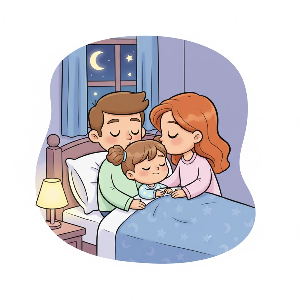 Eleah ligger igjen i sengen sin, denne gangen med øyne som er tunge av søvn og lykkelige drømmer. Mamma Sanne og Pappa Gabriel kysser henne god natt, vel vitende om at de har delt et uforglemmelig eventyr. Eleah smiler i søvne, kanskje drømmer hun allerede om neste natt og nye magiske opplevelser.