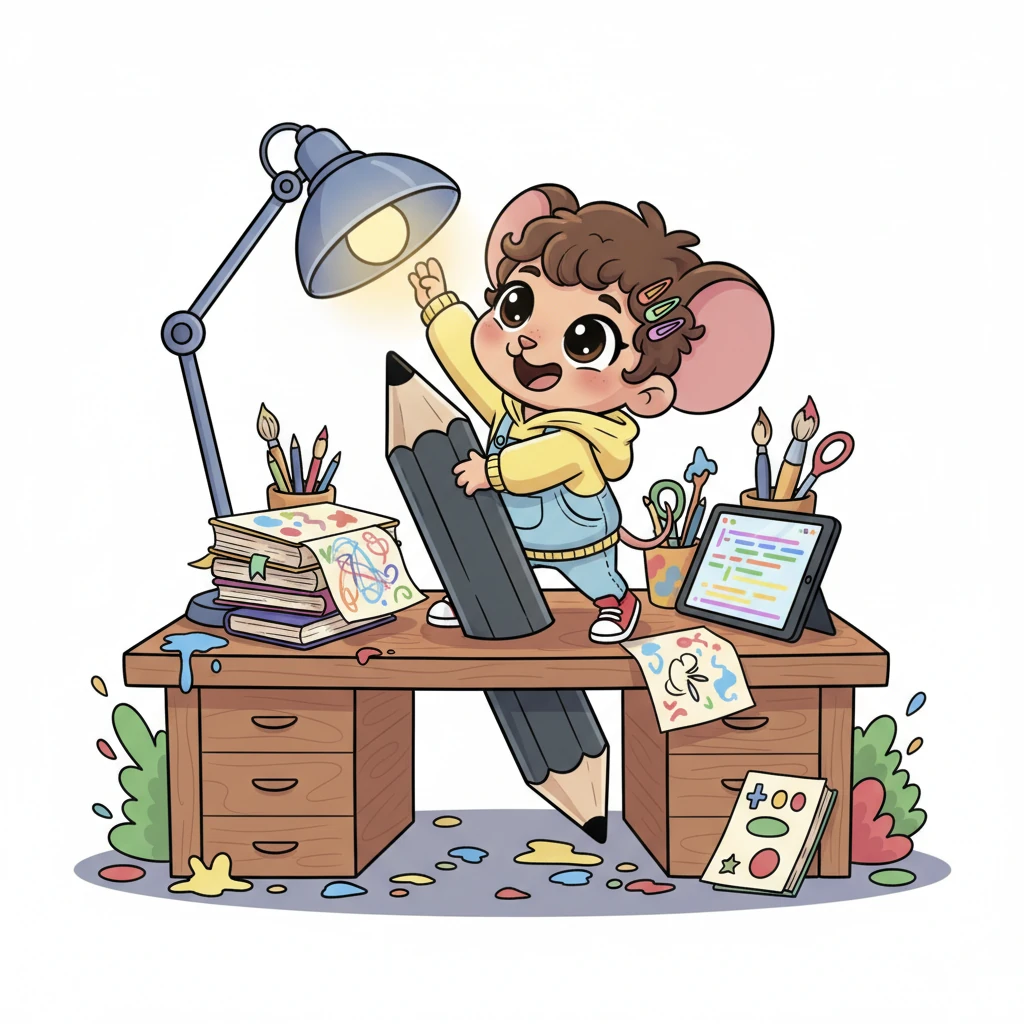 In a cozy, colorful studio, lived Pixel, a small creature with a giant creative spark and an even bigger pencil. His desk was a cheerful mess of sketches, paint splatters, and wobbly towers of idea books, all under a bright, glowing lamp.
