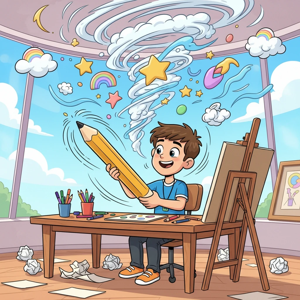 Pixel excitedly dove into brainstorming, twirling his pencil and sketching furiously. Ideas flew across his studio, creating a comical swirl of clouds, stars, and abstract shapes, but nothing felt quite right for Brightville's big, important backdrop.