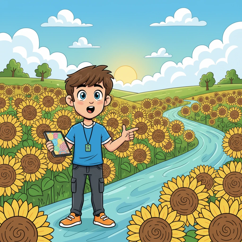 Feeling a bit puzzled, Pixel stepped outside for a breath of fresh air. He gasped as he saw the vibrant patterns in a field of sunflowers and the gentle flow of the nearby river. Nature's perfect designs sparked a brilliant idea!