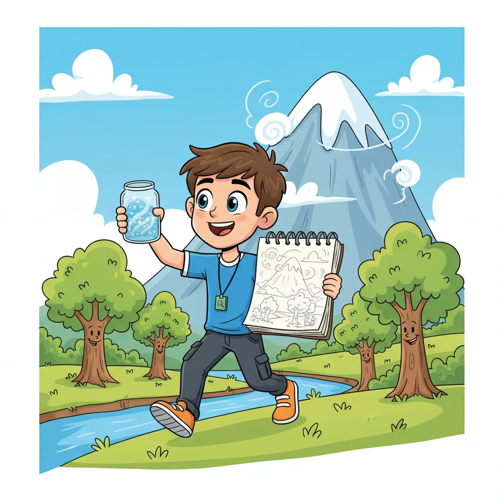 With new inspiration, Pixel set off, not to collect physical things, but to capture the essence of Brightville's beauty. He 'collected' the sparkle of the river in a jar, the majestic peak of the Whispering Mountain in his sketchbook, and the cheerful green of the Gigglewood trees in his mind.