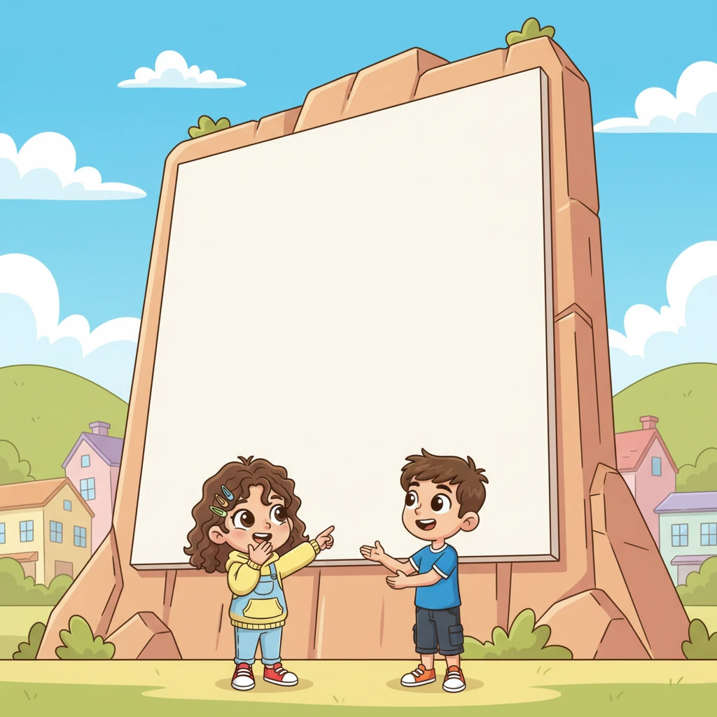 He found the perfect canvas: a giant, smooth rock face at the edge of town, vast and blank, just waiting for his masterpiece. It was like a giant screen, ready to display the most wonderful 'background image' Brightville had ever seen.