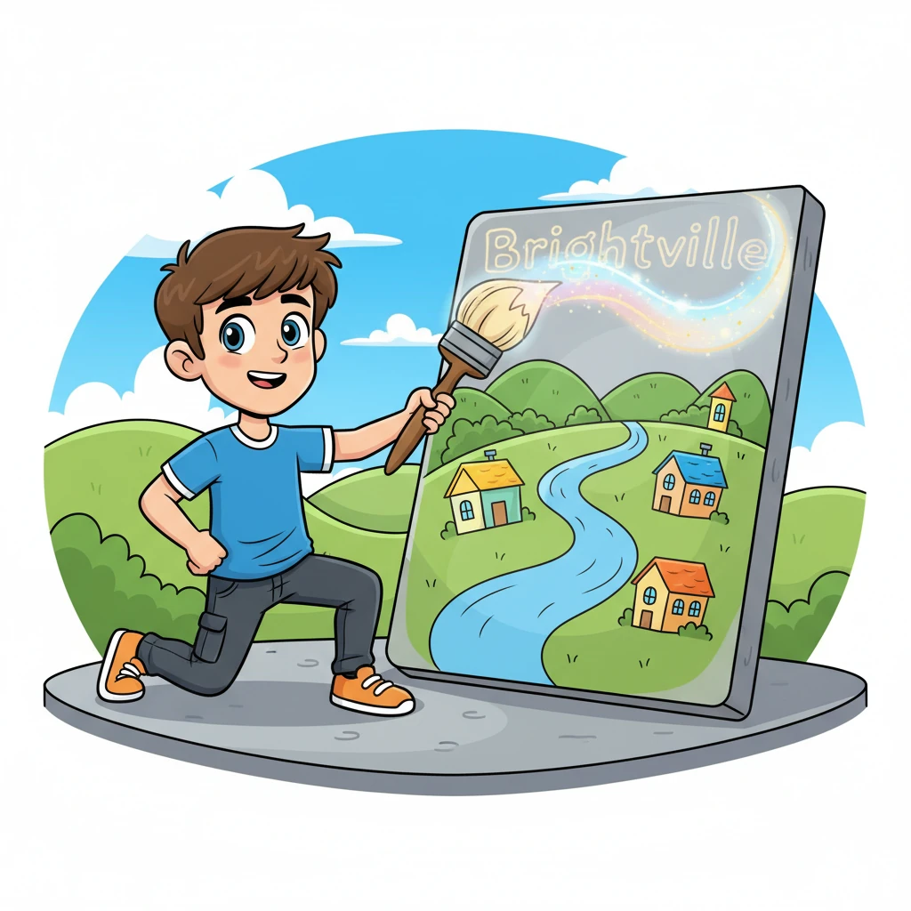 With a flourish, Pixel began to paint, his magical brush leaving trails of shimmering light. He outlined the rolling hills, the winding river, and the friendly houses of Brightville, all coming to life with smooth, flowing lines on the stone.