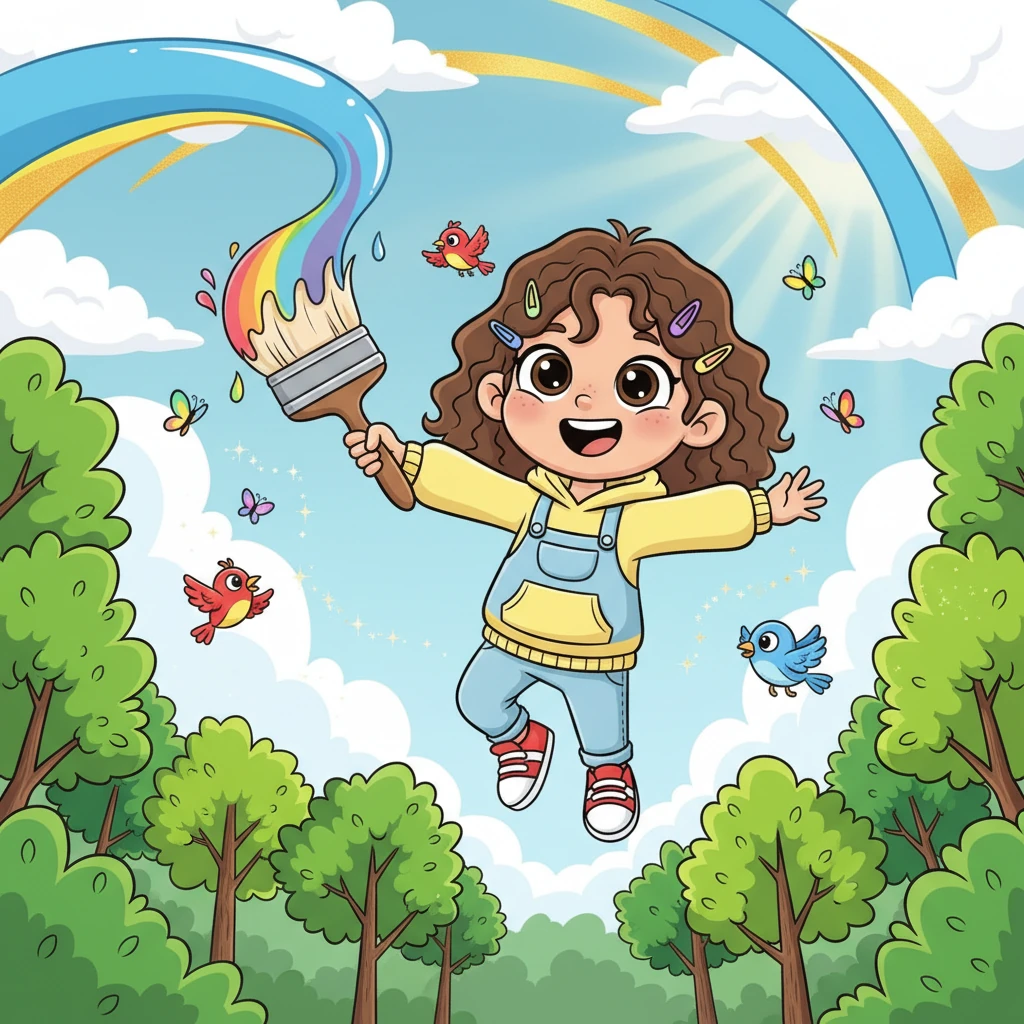 Next, Pixel added splashes of bright, cheerful colors. Golden sunbeams peeked through fluffy clouds, azure blue painted the sky, and every tree burst with vibrant green. Playful little birds and fluttering butterflies appeared, making the scene feel alive.