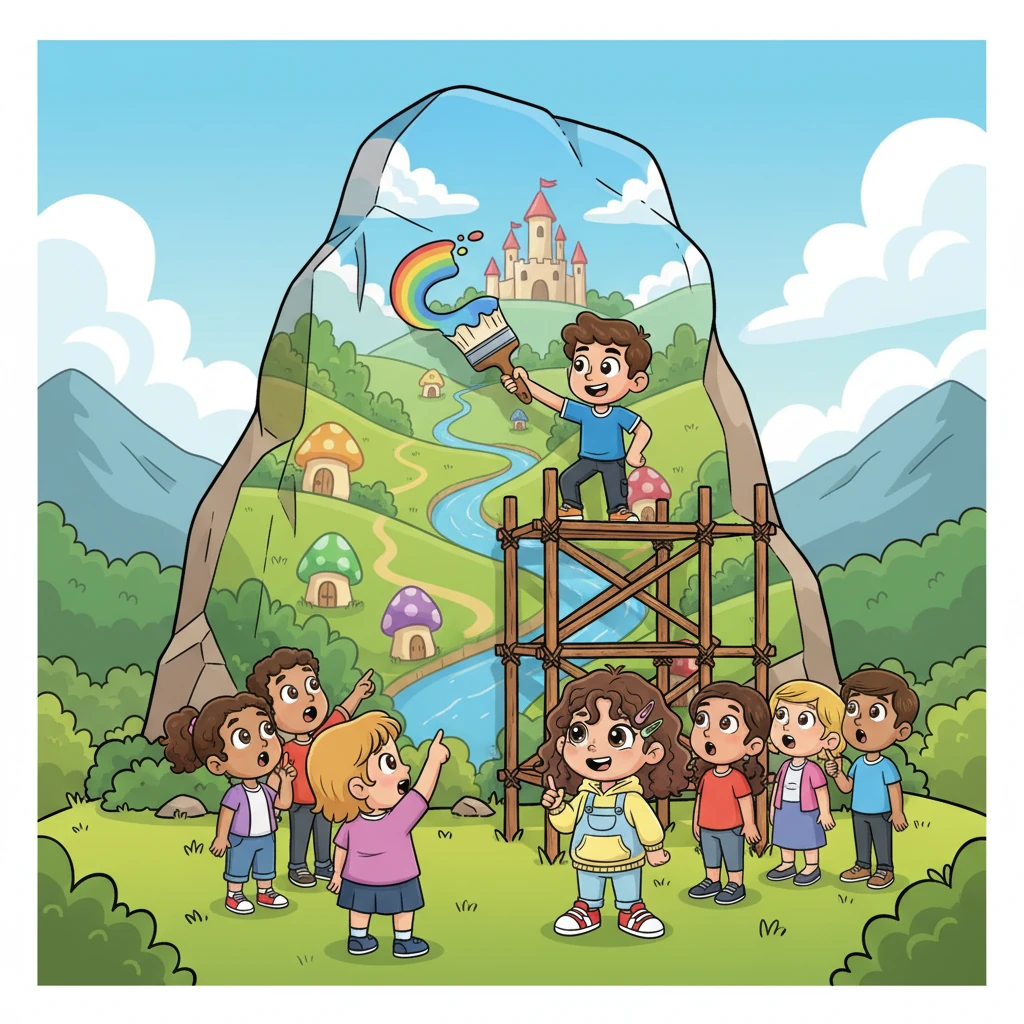 Finally, with a grand swipe of his brush, Pixel completed his creation. The townsfolk gathered, their eyes wide with wonder. The rock face now displayed a breathtaking, dynamic landscape, a perfect 'Grand Corporate Background Image' for their beloved Brightville!