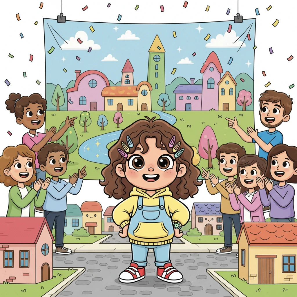 Cheers erupted as the townsfolk admired their beautiful new town backdrop. Pixel beamed, feeling proud and happy. Brightville now had a stunning, inspiring view that reminded everyone of the joy and wonder in their wonderful, colorful home, all thanks to Pixel's amazing design.
