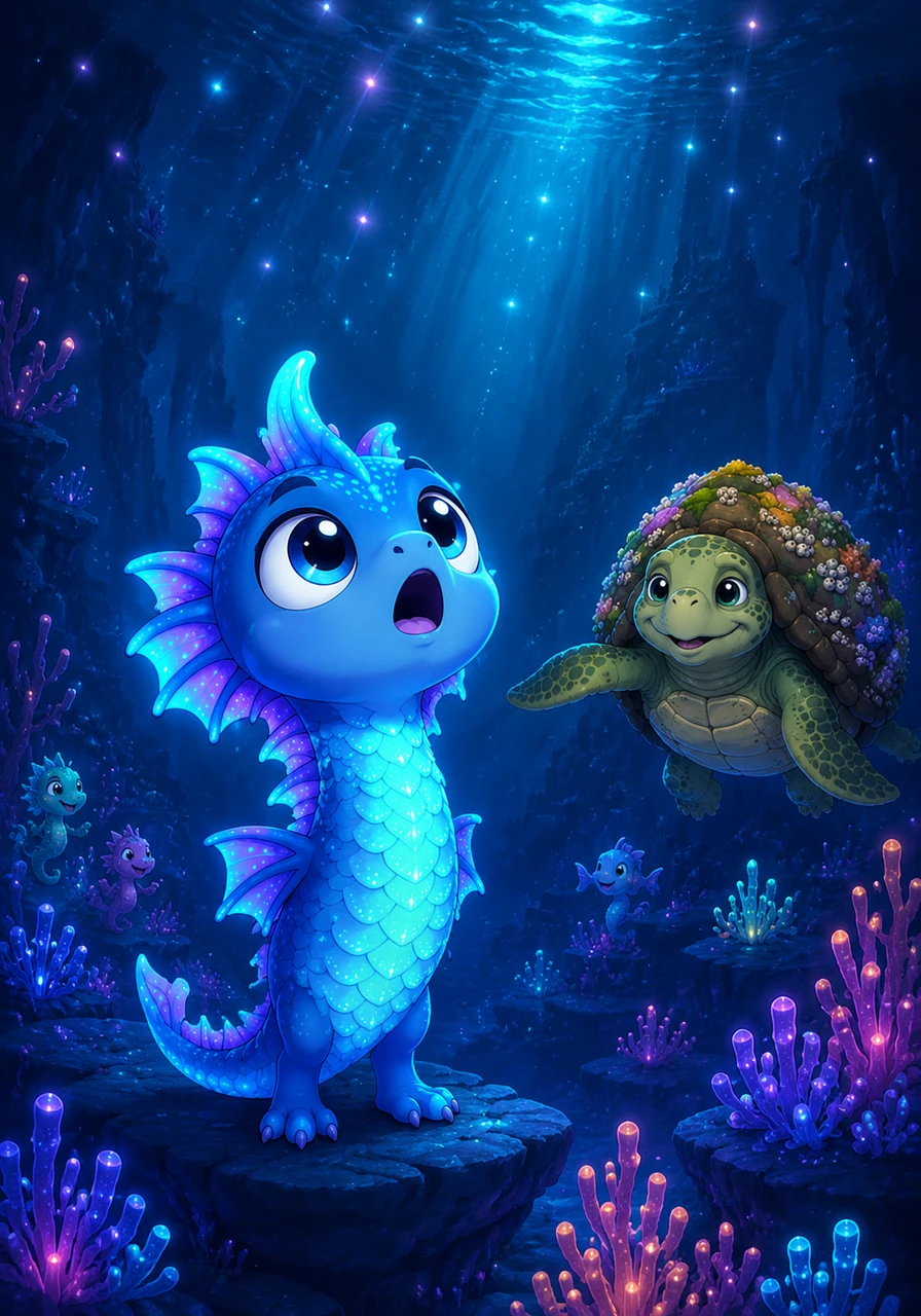 In the heart of the Sapphire Trench lived Finnegan, a tiny sea dragon whose scales glowed with a soft, neon light. While his friends played among the glowing coral, Finnegan often stared up at the faint, flickering lights dancing far above them in the dark water.