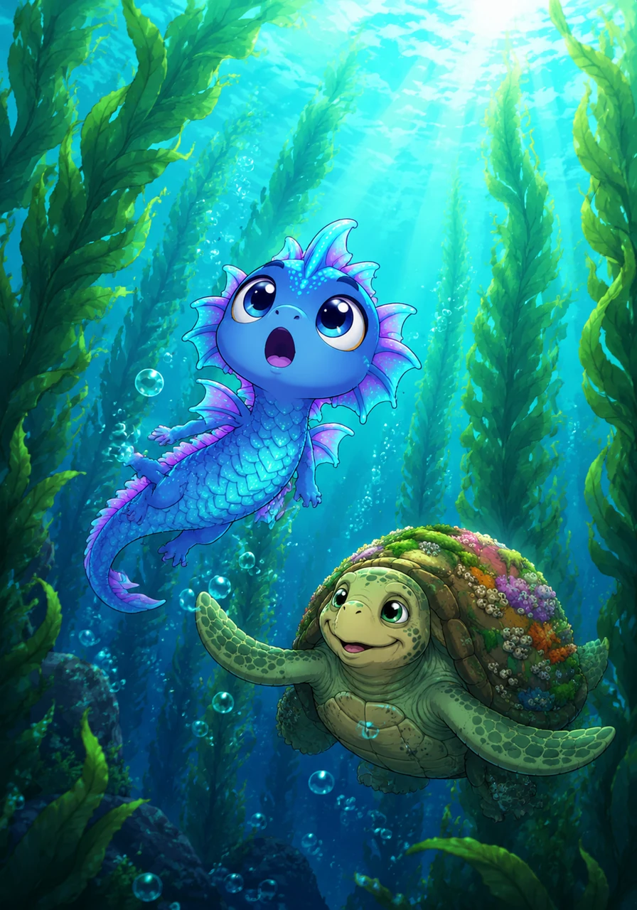 Finnegan began his long swim upward, weaving through giant emerald kelp forests that swayed like underwater trees. The water grew warmer and the deep indigo of the abyss started to turn into a bright, clear turquoise as he ascended.