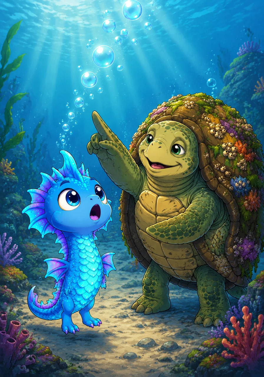 Along the way, he met Barnaby, an ancient sea turtle with a shell covered in colorful moss and tiny barnacles. Barnaby smiled kindly and told Finnegan to follow the rising bubbles, for they would lead him straight to the mysterious world of air.