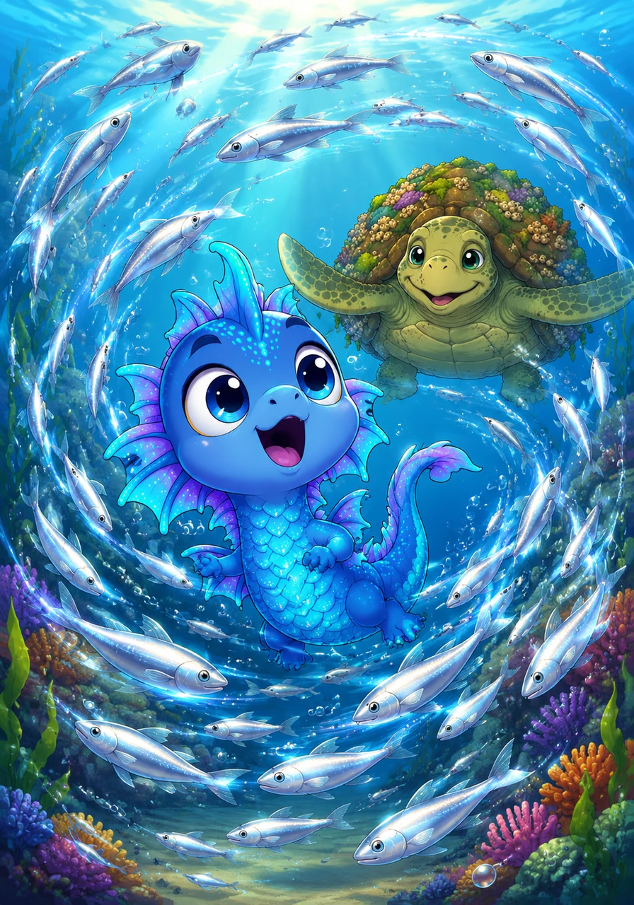 Suddenly, a swirling school of silver minnows darted around Finnegan, inviting him to join their fast-paced game of tag. They zipped through the water like streaks of lightning, filling the ocean with a sense of joy and rhythmic movement.