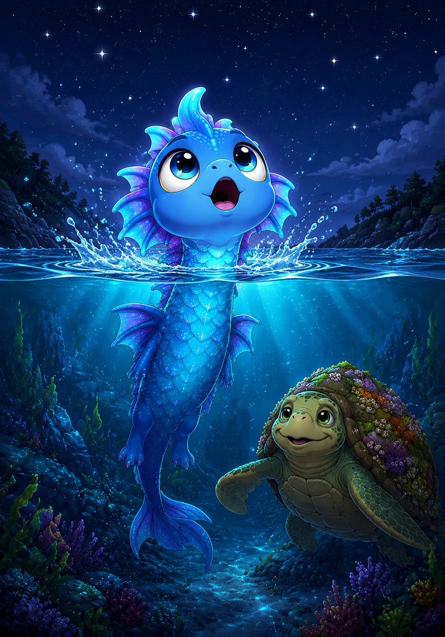 Finnegan reached the very top, where the water met the air in a shimmering, dancing boundary. He took a deep breath and pushed his head through the surface, feeling the cool night breeze on his scales for the very first time.