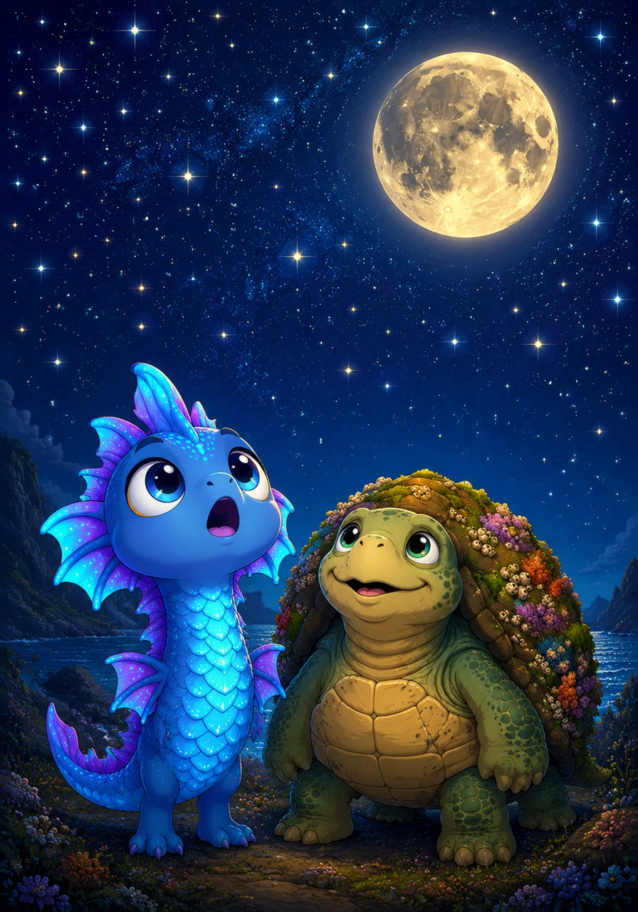 Above him stretched a vast, dark velvet sky filled with thousands of twinkling stars and a massive, glowing moon. Finnegan gasped in wonder, realizing that the world above was even more beautiful than he had imagined in his deep-sea dreams.